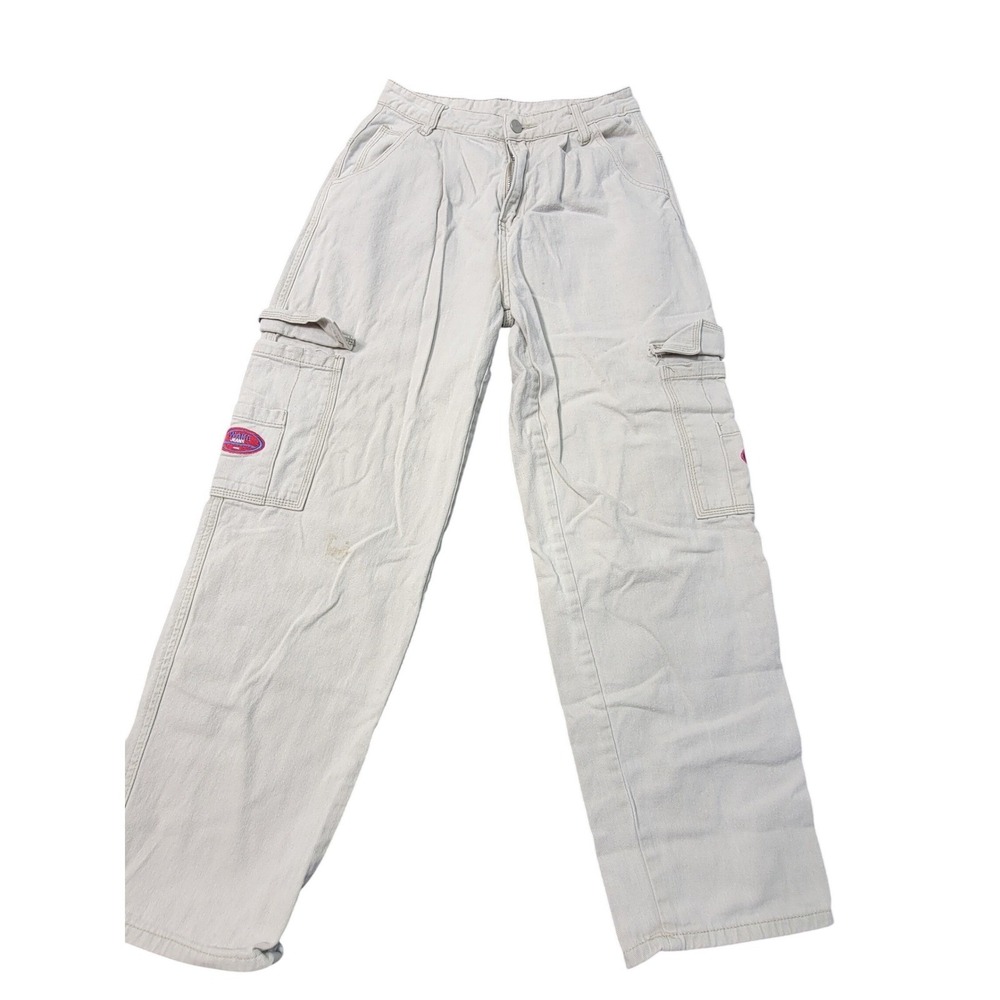 Shein Cargo Wake Jeans Women's M Cream Denim Skater Y2K Style Baggy Carpenter